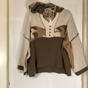 New POL  Boutique French Terry Camo Colorblock Weave Pullover Hoodie Sweater